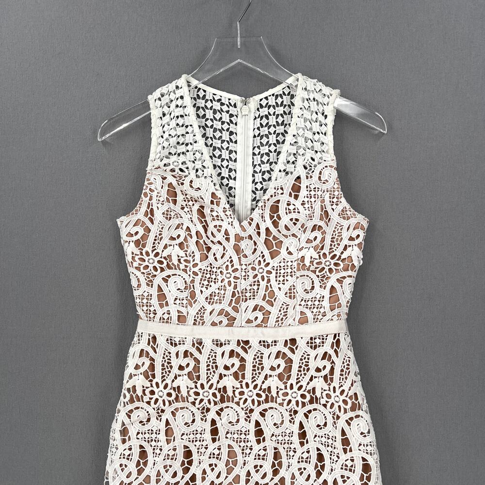 BARNEYS NEW YORK Crochet Lace Dress Womens XS White V-neck Sleeveless Tulip Midi - Picture 5 of 16